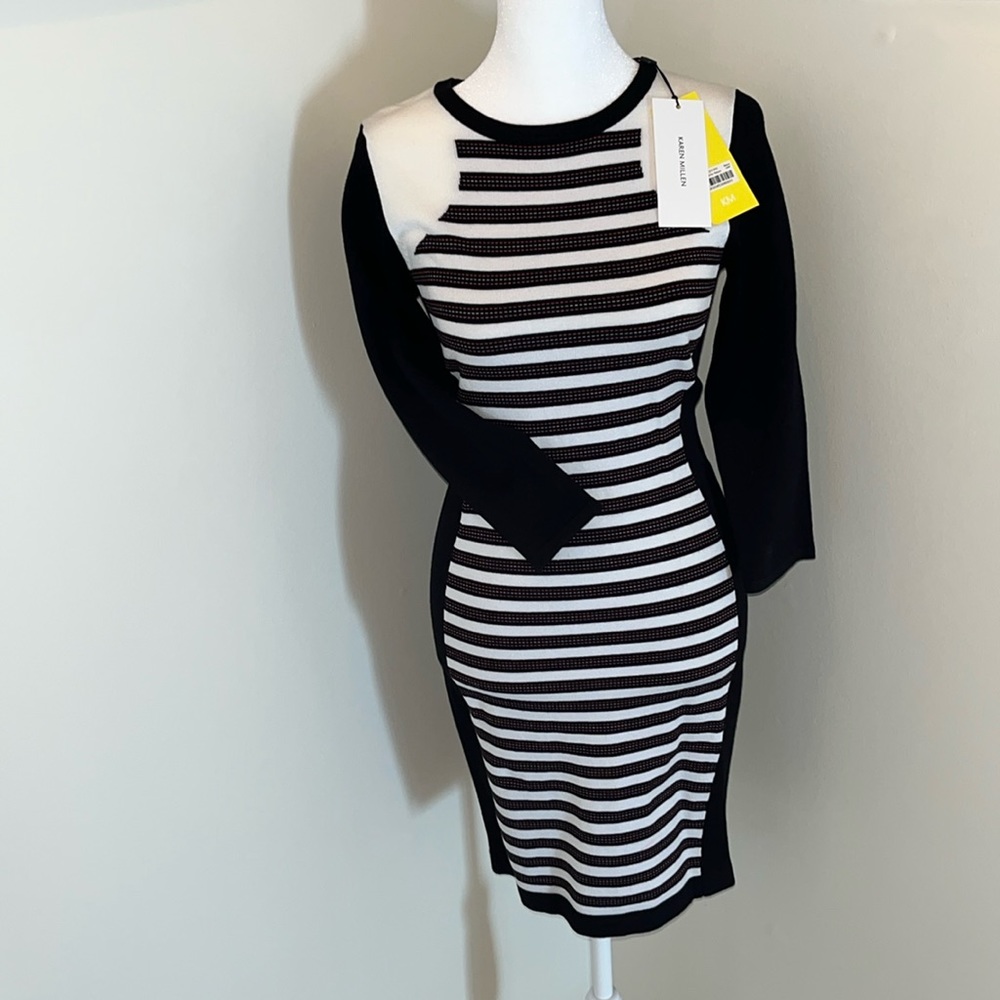 Women’s Karen Millen striped sweater dress size 2 black white rust 3/4 sleeve